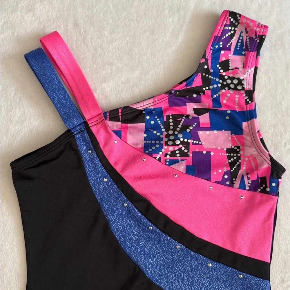 {Danskin} Freestyle | Asymmetrical Strap Geo Gymnastics Dance Leotard (L 10/12)